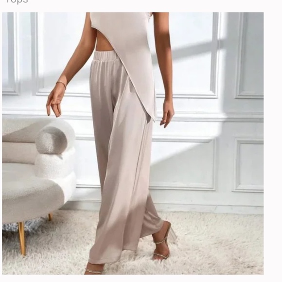 Women One Shoulder Hi Lo Cropped Satin Wide Leg Set in beige sz xl - Picture 3 of 7